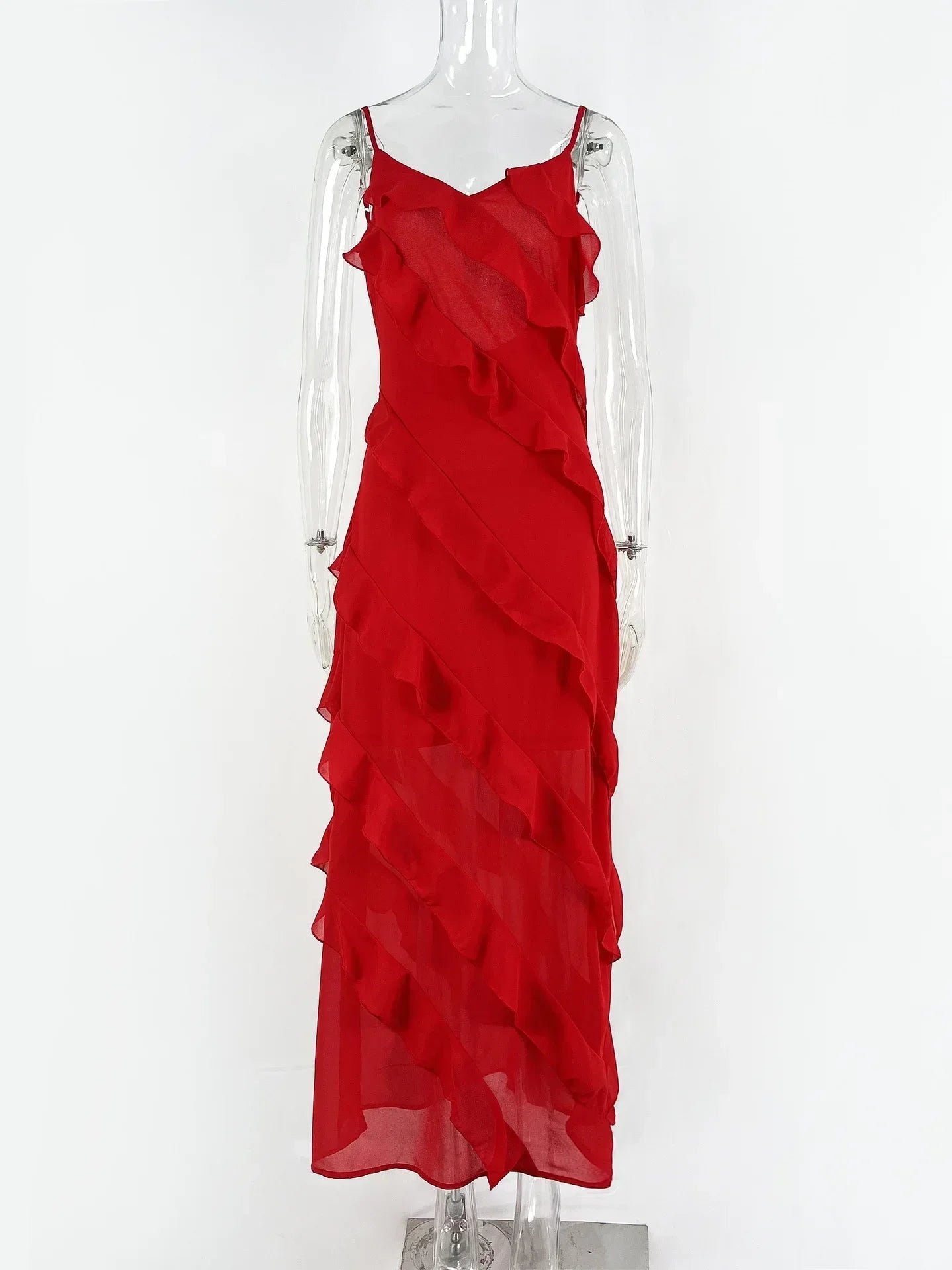 Rosalie - Sexy Spaghetti-Träger Rückenfreies Spitzen-Rüschendes Langes Maxikleid