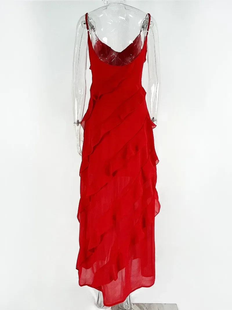 Rosalie - Sexy Spaghetti-Träger Rückenfreies Spitzen-Rüschendes Langes Maxikleid
