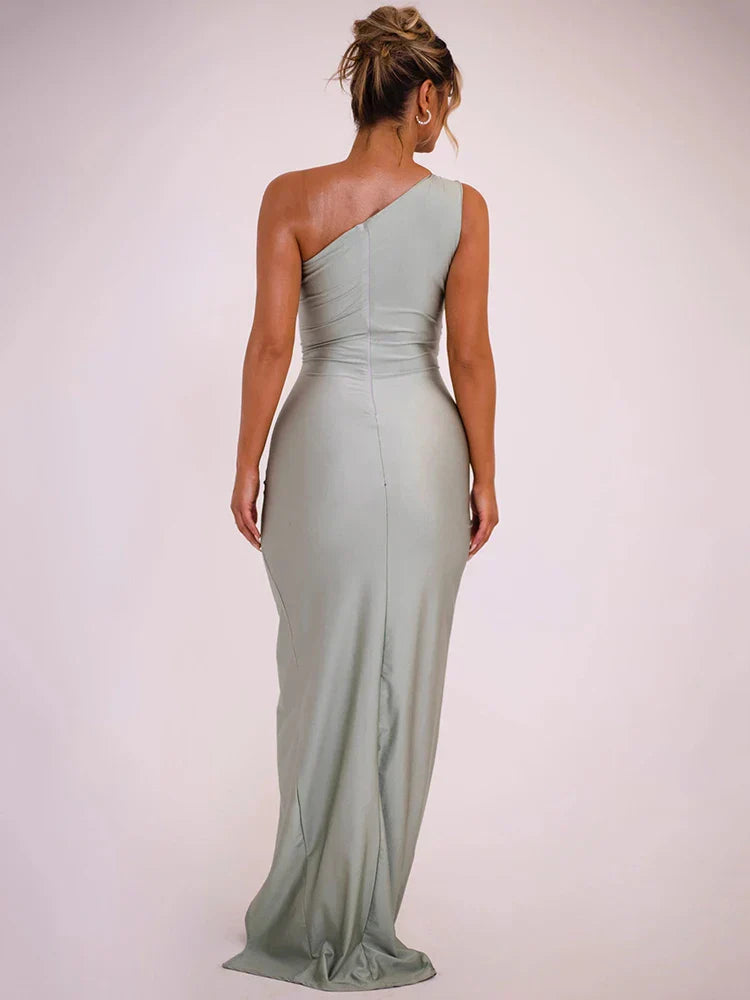 Shara - Glänzende Brosche Schräger Schulter Sexy Maxikleid