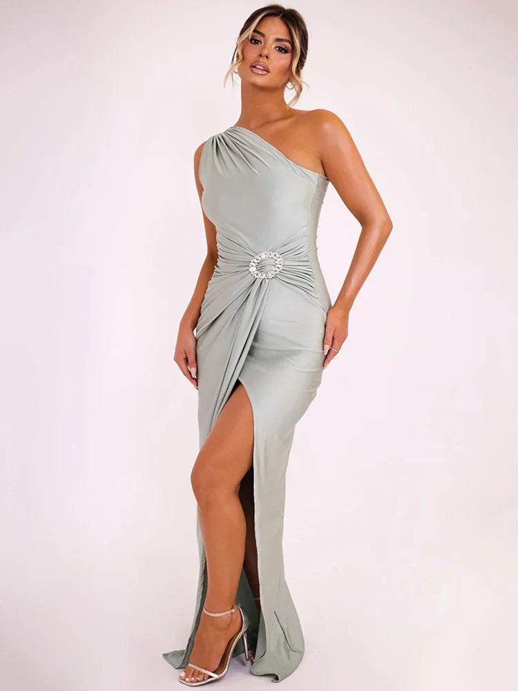 Shara - Glänzender Brosche Neigter Schulter Sexy Maxikleid