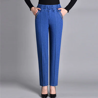 Damejeans med sidelommer og fuld elastisk linning