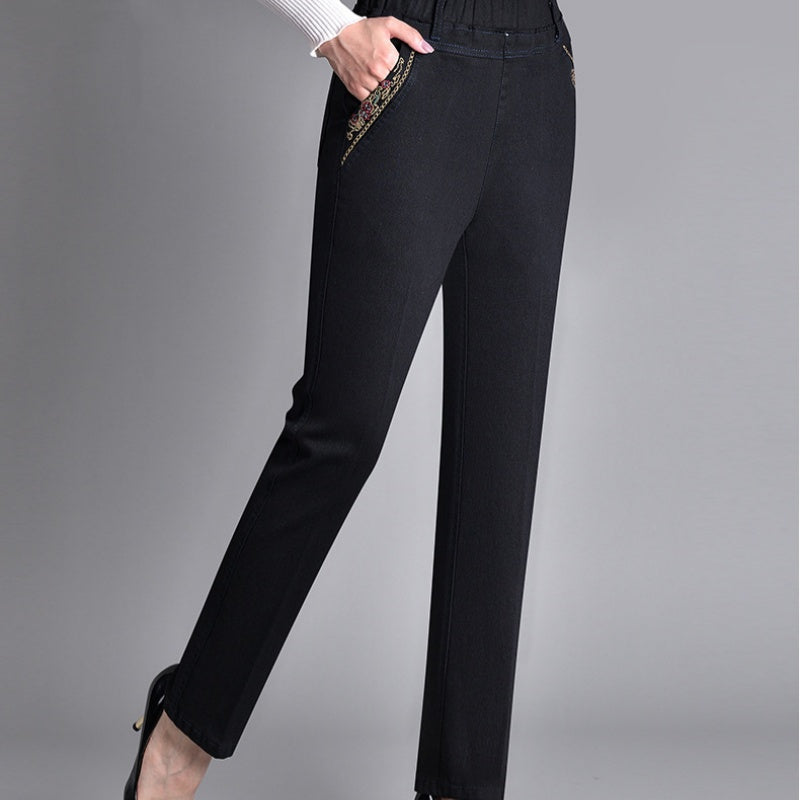 Damejeans med sidelommer og fuld elastisk linning