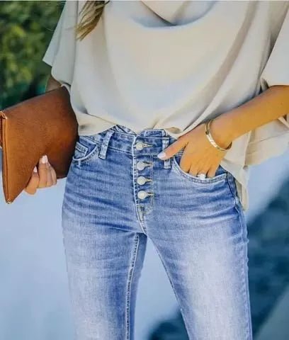 Isla | Knopf-High-Waist-Denim-Hosen für Frauen